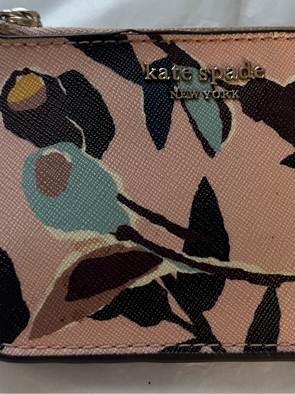 kate spade Pink Floral Zip Card Holder with Mint Accents